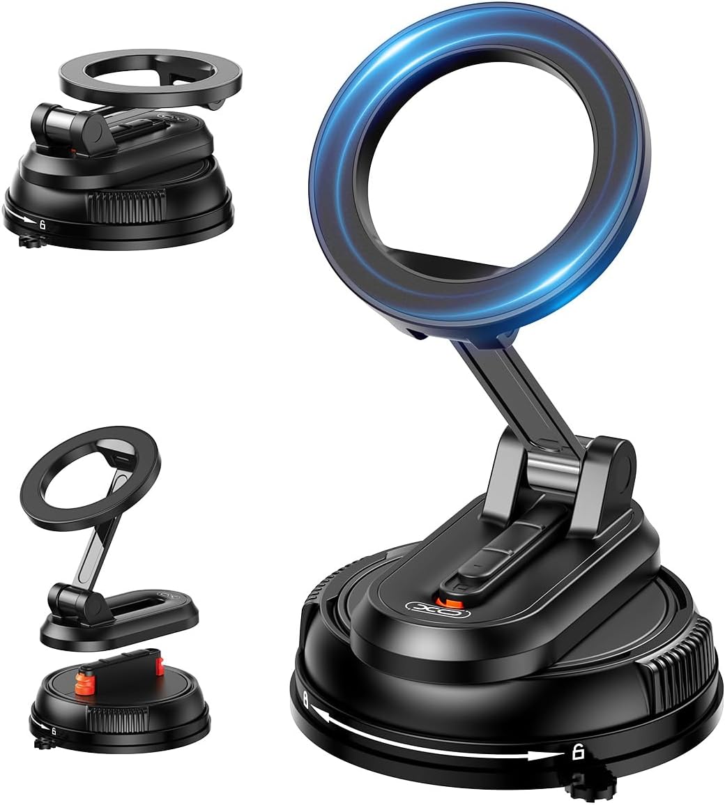 Magnetic Car Phone Holder,360° Rotation Strong Suction Car Phone Mount Detachable Vacuum Suction Phone holder Foldable Cellphone Stand for iPhone 16 15 14 13 12 Series and All Magsafe Smartphones