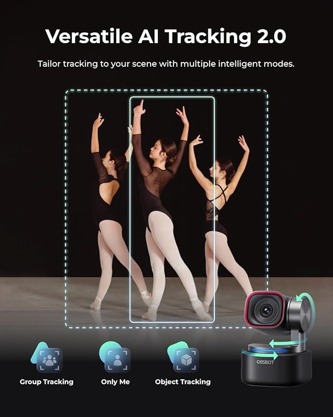 OBSBOT Tiny 3 AI-Powered Spatial Audio 4K Webcam AI Tracking PTZ Camera with 1/1.28 Sensor Tri-Mic Voice &amp Gesture Control 120FPS HDR Web Cam for PC Laptop Streaming Meeting Switch 2 e