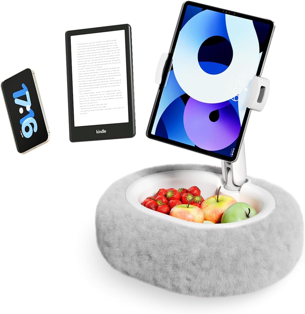 Kindle Pillow Stand – Soft Grey Fuzzy Tablet Holder with Storage Bowl, Hands-Free Lap Stand for Bed, Couch – Compatible with Kindle, iPad, Phones & E-Readers (Gray)