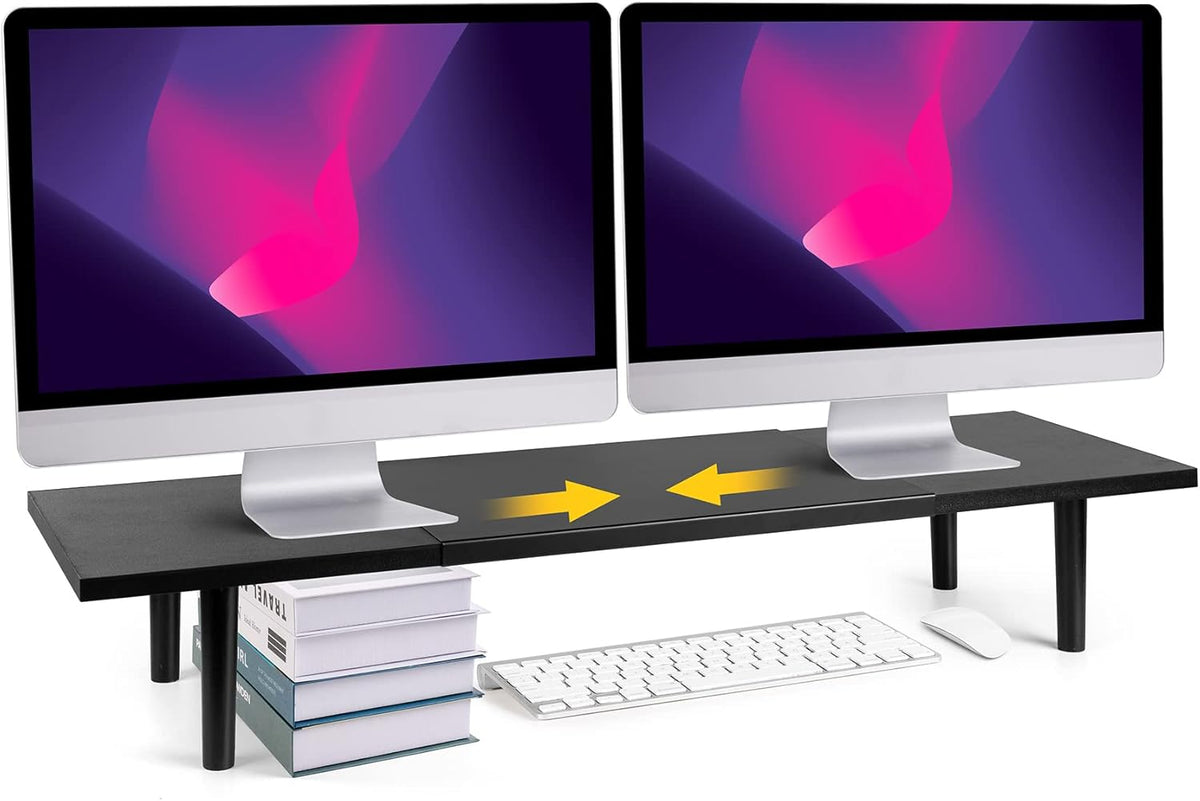 Dual-Monitor-Stand-Riser-For-Desk Adjustable Length 32-40 Inch，Large Desktop Computer Monitor Riser For 2 Screens，Desk Shelf Organizer Riser Stand For Computer/Laptop/PC/Printer/TV Black