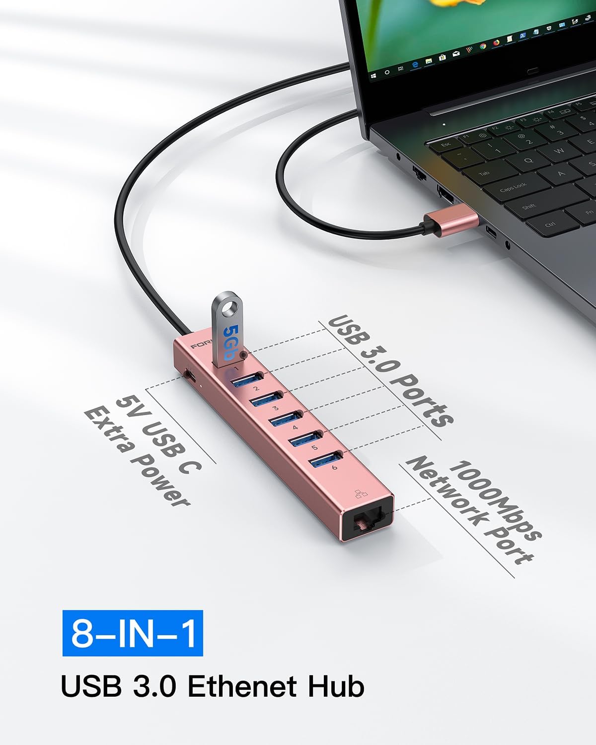 Aluminum USB 3.0 Adapter USB to Ethernet HUB with 120CM Long Cable for Laptop USB Extender with Gigabit Ethernet Port and 5V/3A Power Port 7 Ports USB Hub for iMac PC Flash Drives (Rose Gold)