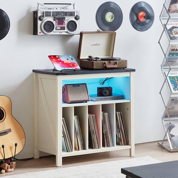 Large Record Player Stand with Charging Station & LED Lights, Vinyl Records Storage Holder Cabinet Holds up to 230 Albums, Turntable Stand for Music Room, Bedroom, Living Room, Office (White)