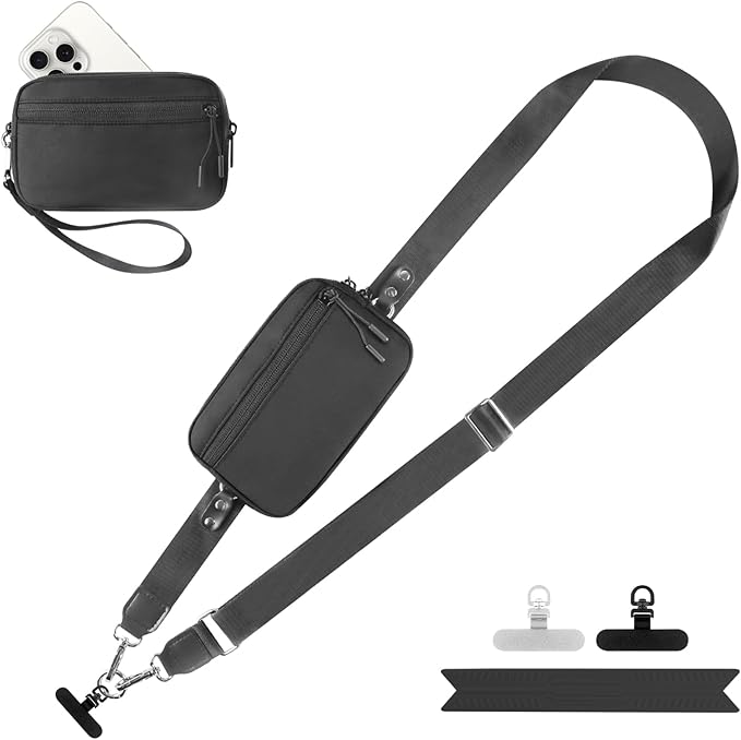 YFWE Clip and Go Strap for Phone with Wallet Crossbody, Adjustable Phone Lanyard with Detachable RFID Wristlet Wallet, Black (L)