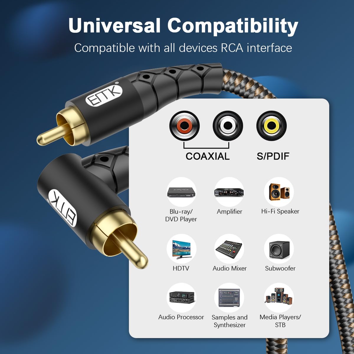 EMK 90 Degree RCA Subwoofer Cable 24K Gold-Plated Connector Nylon Braided Double Shielded – Support Digital & Analog Signals for Amplifier, Home Theater, Hi-Fi System,Subwoofer Black/25ft/8m