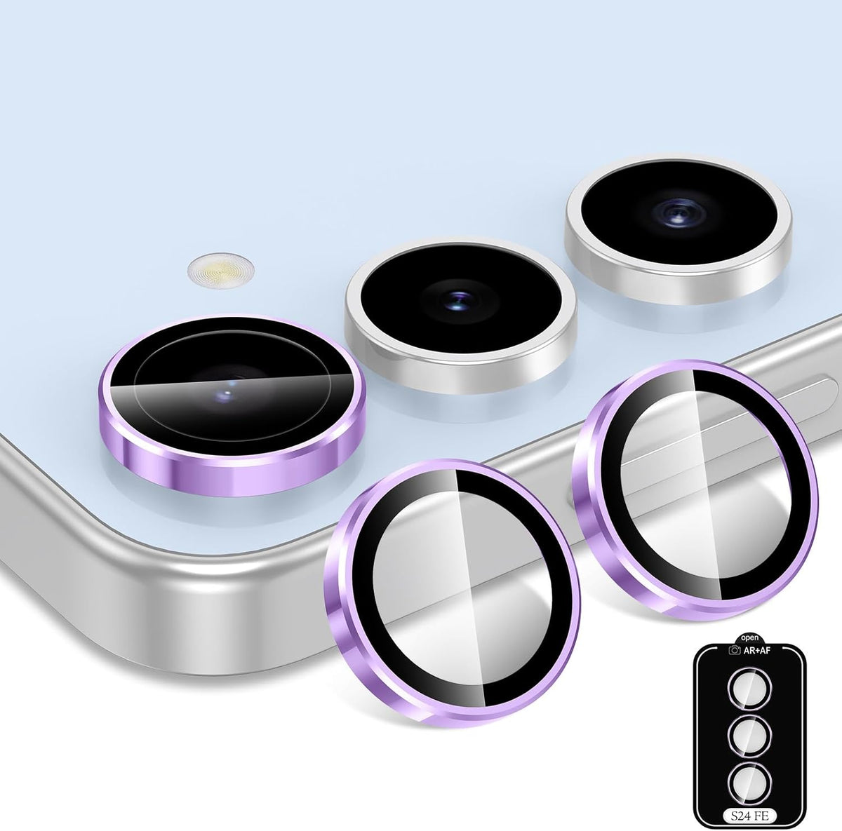 for Samsung Galaxy S24 FE Camera Lens Protector, Individual Metal Ring Tempered Glass Lens Cover, [Strong Adsorption] Scratch Resistant Ultra-Thin HD Clear Lens Cover, 1 Set-Purple Ring