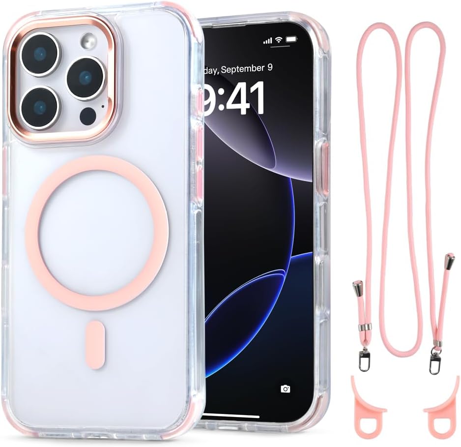 for iPhone 16 Pro Case with 62.99 inch Lanyard, Classic Clear&Pink Magnetic Phone Case, Drop&Shockproof Protection Cases, Phone Lanyard for Around The Neck, Compatible with Magnet Accessory