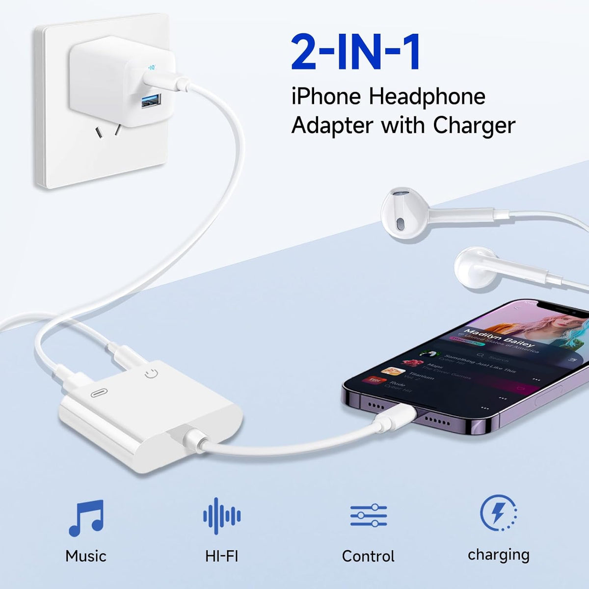 [Apple MFi Certified] 2-in-1 Charging & Audio Adapter for iPhone, Lightning to 3.5mm Headphone Jack Dongle Splitter, Supports Hi-Res Lossless Sound, Compatible with iPhone 14/13/12/11/XS/XR/8/7 10Pack