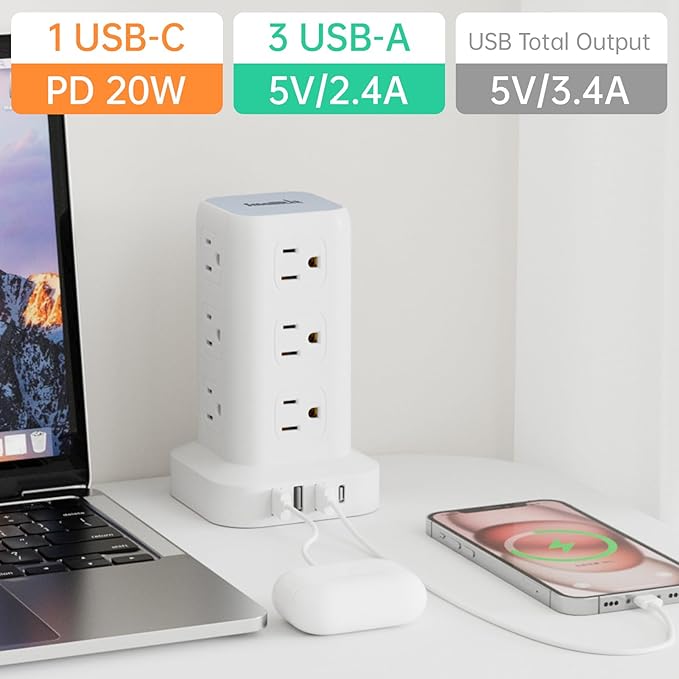 Power Strip with 12 Outlets 4 USB (1 USB C), 16.5Feet Extension Cord with Multiple Outlets, Charging Station, Power Strip Tower, Home Office Desk Supplies
