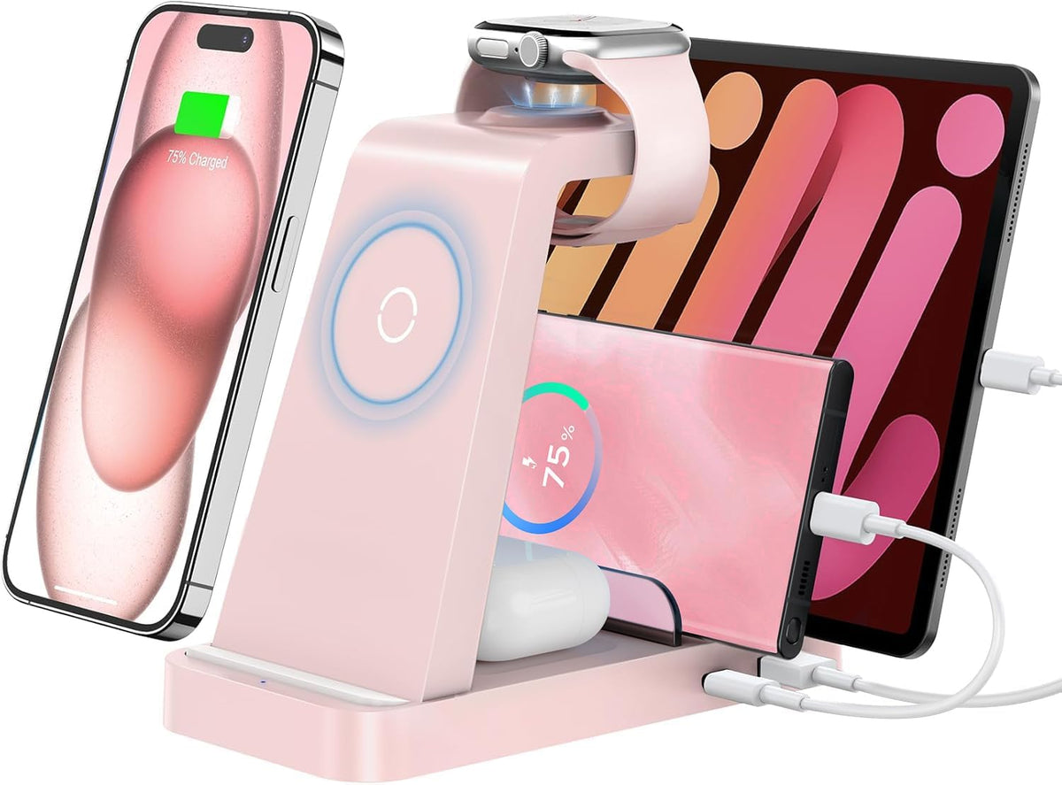 Wireless Charger for iPhone - 5 in 1 Charging Station for Multiple Devices Apple: Wireless Charging Stand Dock for iPhone 16e 16 15 14 13 12 Pro Max Apple Watch Airpods