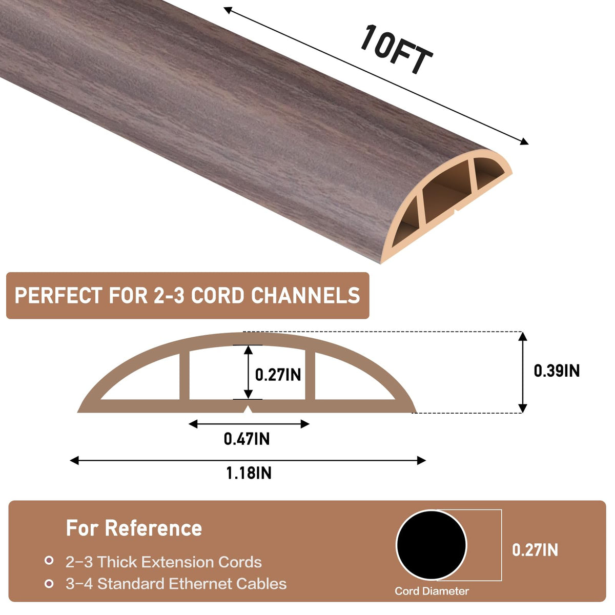 Floor Cord Cover Self Adhesive Cord Hider Floor Extension Cord Covers for Floor Power Cord Protector Cable Management Prevent Cable Trips Cable Cavity 0.47" W x 0.27" H (Brown Walnut Wood, 10Ft)