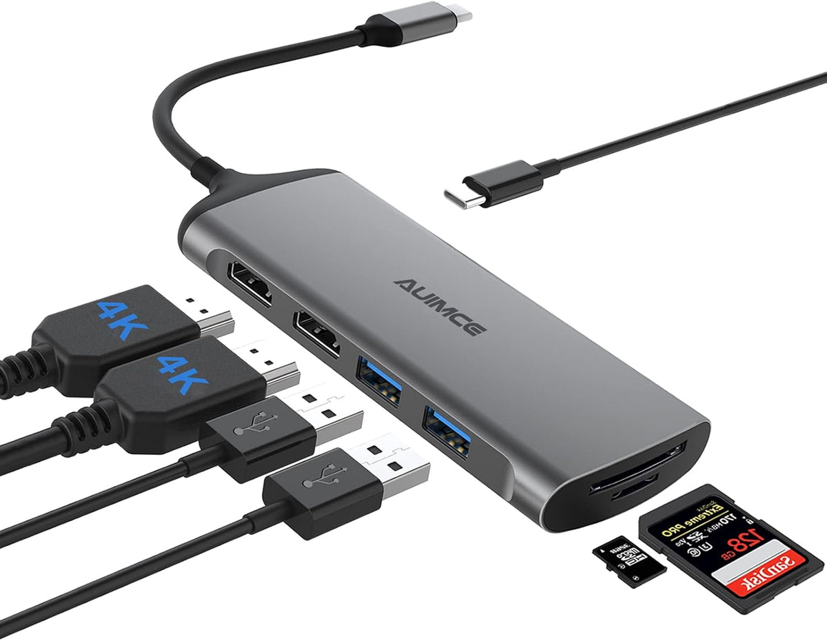 USB C Docking Station Dual Monitor, 7-in-1 Laptop Dock with 2 HDMI,100W PD, USB 3.0, SD/TF Card Reader Ports, Laptop Docking Station for Dell, HP, Lenovo, Surface and More