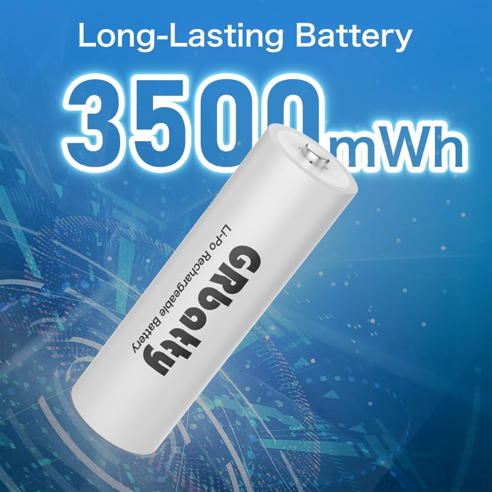 GRbatty 3500mWh 1500 1.5V, (4 Pack) Rechargeable AA Lithium Batteries, with AA and AAA Charger, Cycles for Household