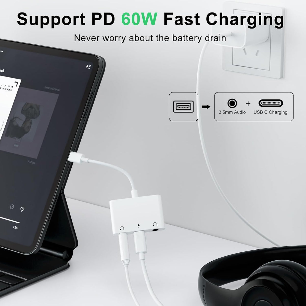 Headphone Adapter for iPad, Headphone Splitter for 2 Headphones,3 in 1 USB C to 3.5mm Jack Audio Adapter with 60W Fast Charging Compatible with S24/23 Ultra.