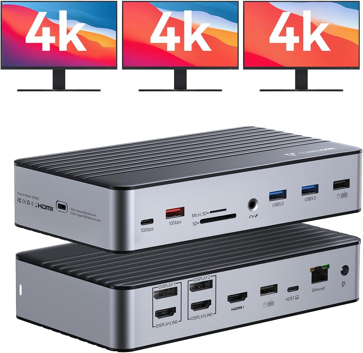 TobenONE DisplayLink Docking Station 3 Monitors with 3 HDMI(4K@60Hz), USB C Docking Station with 120W Charger, for MacBook Pro/Air, Thunderbolt 4/3, USB-C Windows(2 DP, 6 USB, Ethernet, SD/Micro SD)