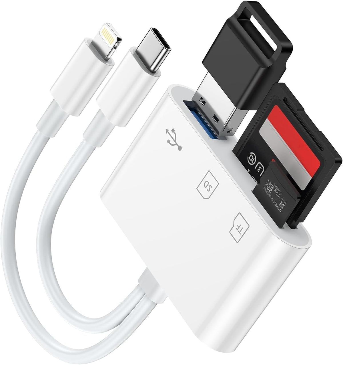 SD Card Reader for iPhone/iPad/Mac, USB C and Lightning Dual Port Memory Card Adapter, 3-in-1 Camera SD Card Viewer Support SD, Micro SD, USB 3.0 Slot, Digital Camera Adapter for Samsung and Android