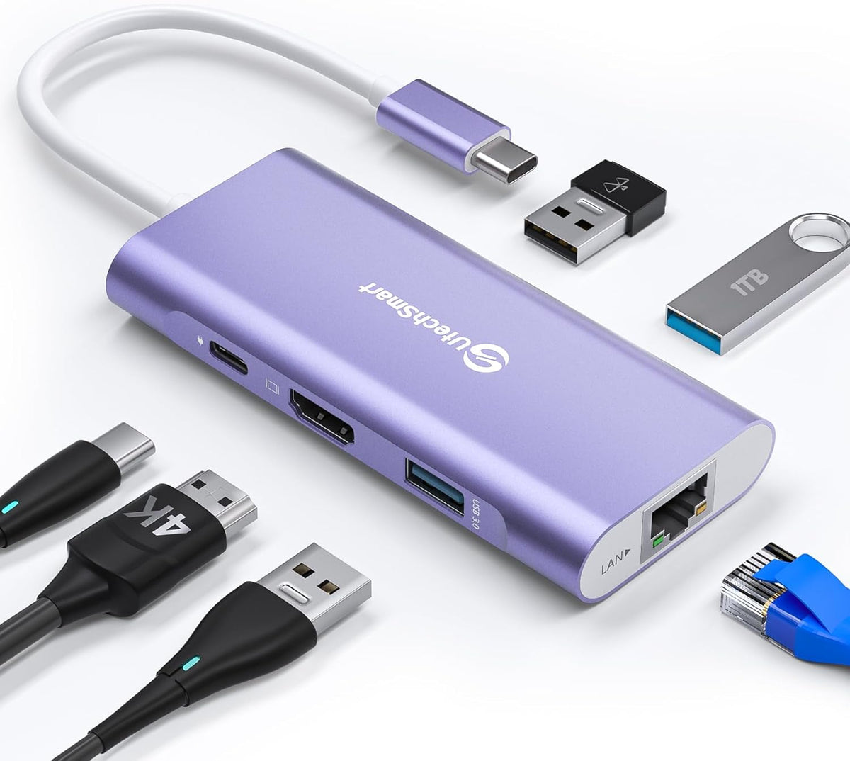 UtechSmart USB C Hub, Ethernet Multiport Adapter 6 In 1 USB C to HDMI Dock Compatible for Macbook Pro/Air, Chromebook, Dell XPS, HP and Type C Devices (Gigabit Ethernet 100W PD 4K HDMI USB 3.0) Purple