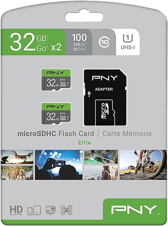 PNY 32GB Elite Class 10 U1 microSDHC Flash Memory Card (Pack of 2-100MB/s Read, Class 10, U1, Full HD, UHS-I, Micro SD (Pack of 1)