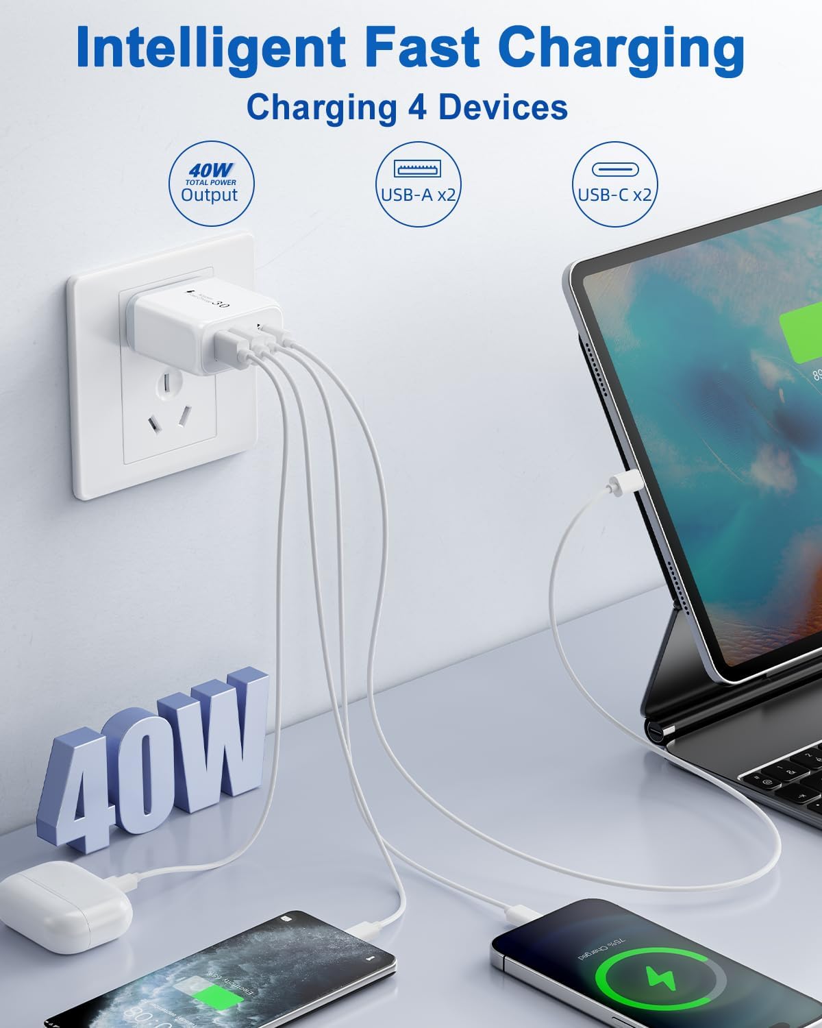 40W USB C Charger Block, 2 Pack 4-Ports Type C Fast Charging Cubes PD USBC Wall Plug+QC 3.0 USB A, Multiple USB C Charger for iPhone 16/15/14/13/12/11 Pro Max/XS, Samsung Galaxy, iPad, Tablet, Pixel
