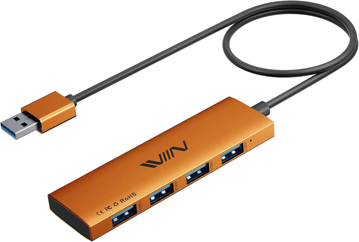 USB 3.0 Hub,4 Port USB Splitter Extender Portable Adapter Multiport Data Hub for Laptop,Xbox, Flash Drive,HDD,Console,Camera,Keyborad,Mouse Windows,Mac OS PC,Not Designed to Charge Devices-Orange