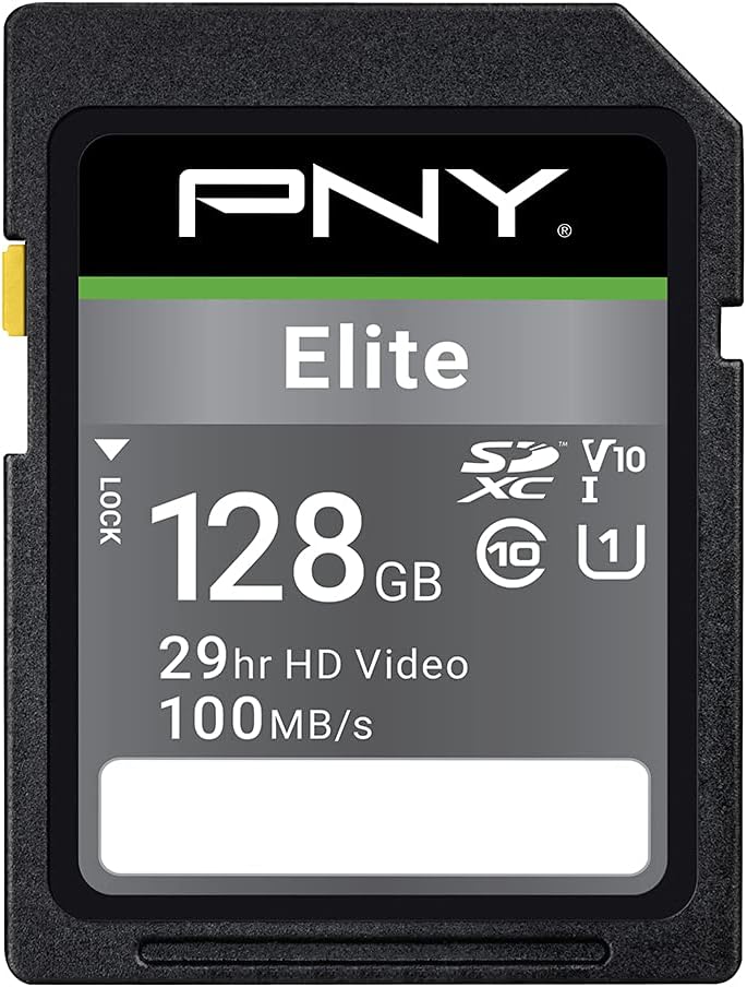 PNY 128GB Elite Class 10 U1 V10 SDXC Flash Memory Card - 100MB/s, Class 10, U1, V10, Full HD, UHS-I, Full Size SD (Pack of 1)