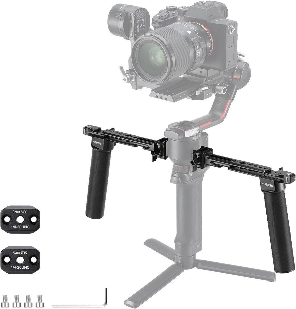 NEEWER Dual Handgrip Compatible with DJI RS4 RS4 Pro RS3 RS3 Pro RS2 RSC2 Ronin S SC Gimbal, Dual Handle Kit with 2 Mini NATO Rails, Quick Release NATO Clamps, 1/4" & 3/8" Threads, GA006