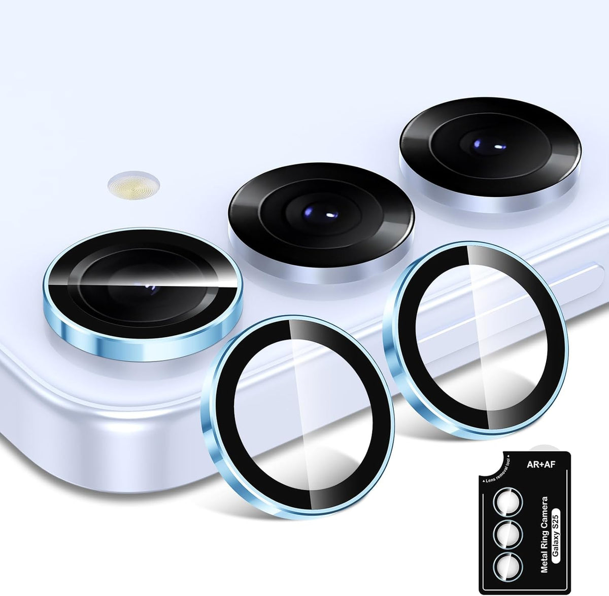for Samsung Galaxy S25 Camera Lens Protector, Individual Metal Ring Tempered Glass Lens Cover, [Strong Adsorption] Scratch Resistant Ultra-Thin HD Clear Lens Cover, 1 Set-Blue Ring