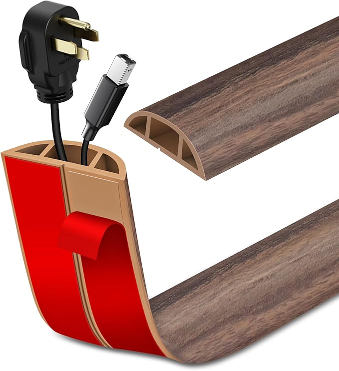 Floor Cord Cover Self Adhesive Cord Hider Floor Extension Cord Covers for Floor Power Cord Protector Cable Management Prevent Cable Trips Cable Cavity 0.59" W x 0.31" H (Smoked Brown Wood, 10Ft)