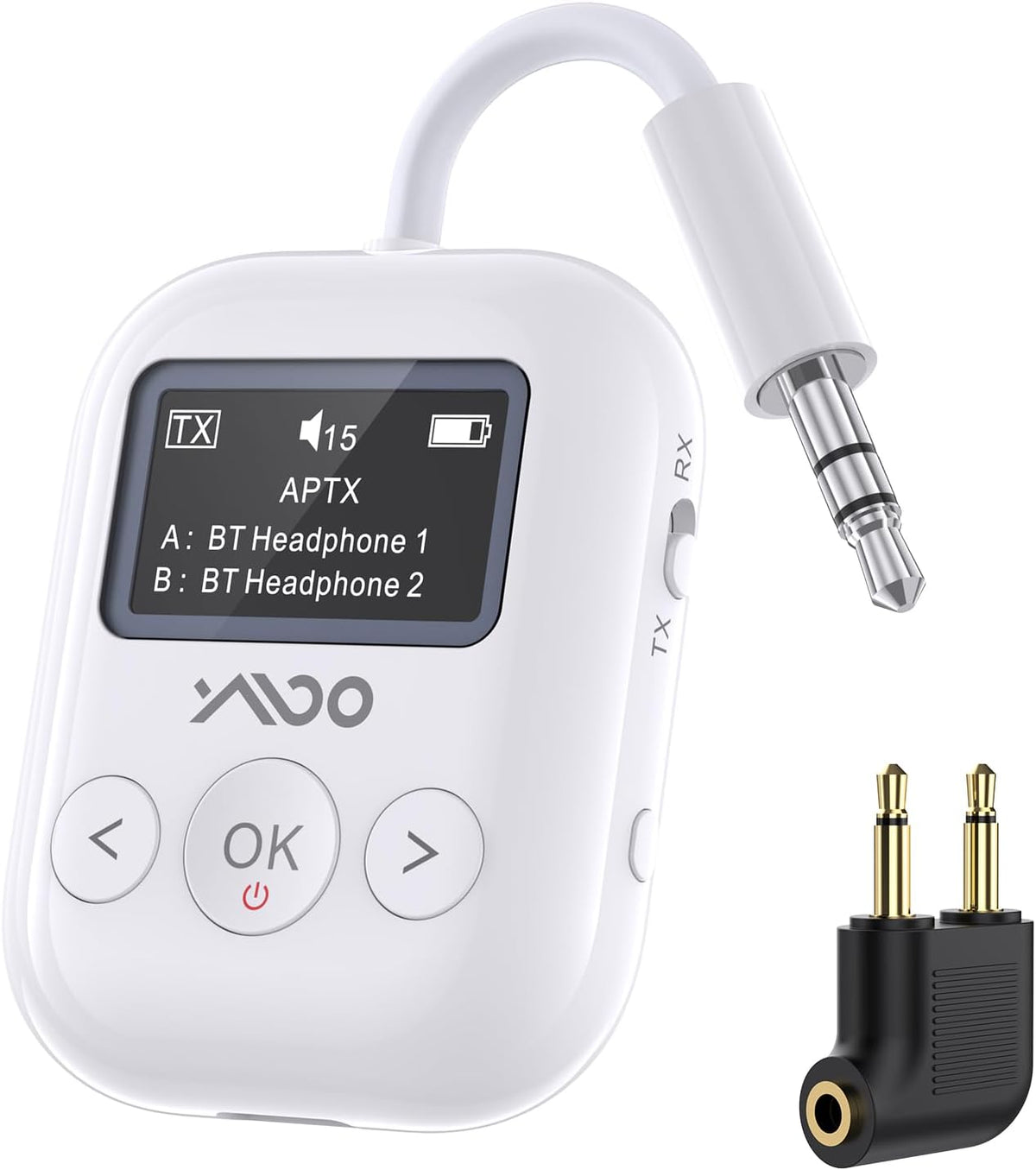 YMOO Bluetooth 5.4 Transmitter Receiver for Airplane, Wireless Bluetooth Adapter Travel Essentials, Supports to 2 Headphones, 25H Playtime, 2-in-1 Adapter with LED Display for TVs Gym Car Home,White