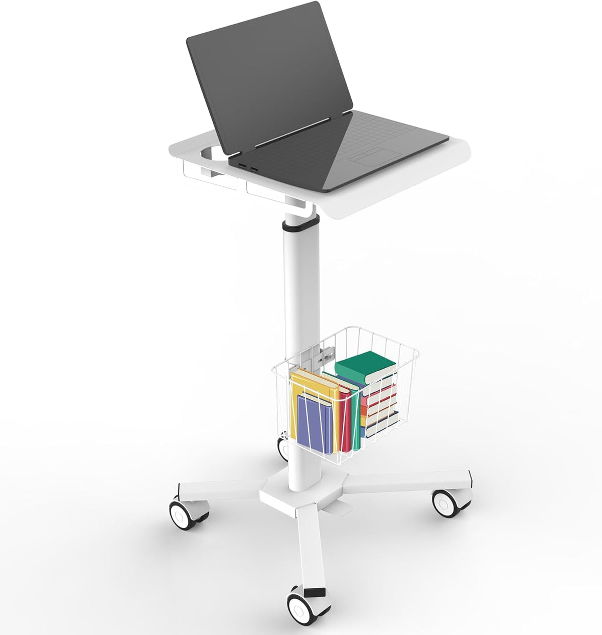 Adjustable Height Portable Laptop Desk with Wheels,White Computer Cart on Wheels,Standing Mobile Desk Workstation, Utility Medical Cart