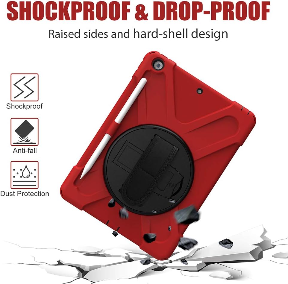 ZenRich Shockproof Case for iPad 9th/8th/7th Generation 10.2 inch 2021/2020/2019, Heavy Duty Rugged Case with Pencil Holder/360° Rotating Kickstand/Handle/Carrying Strap, Red