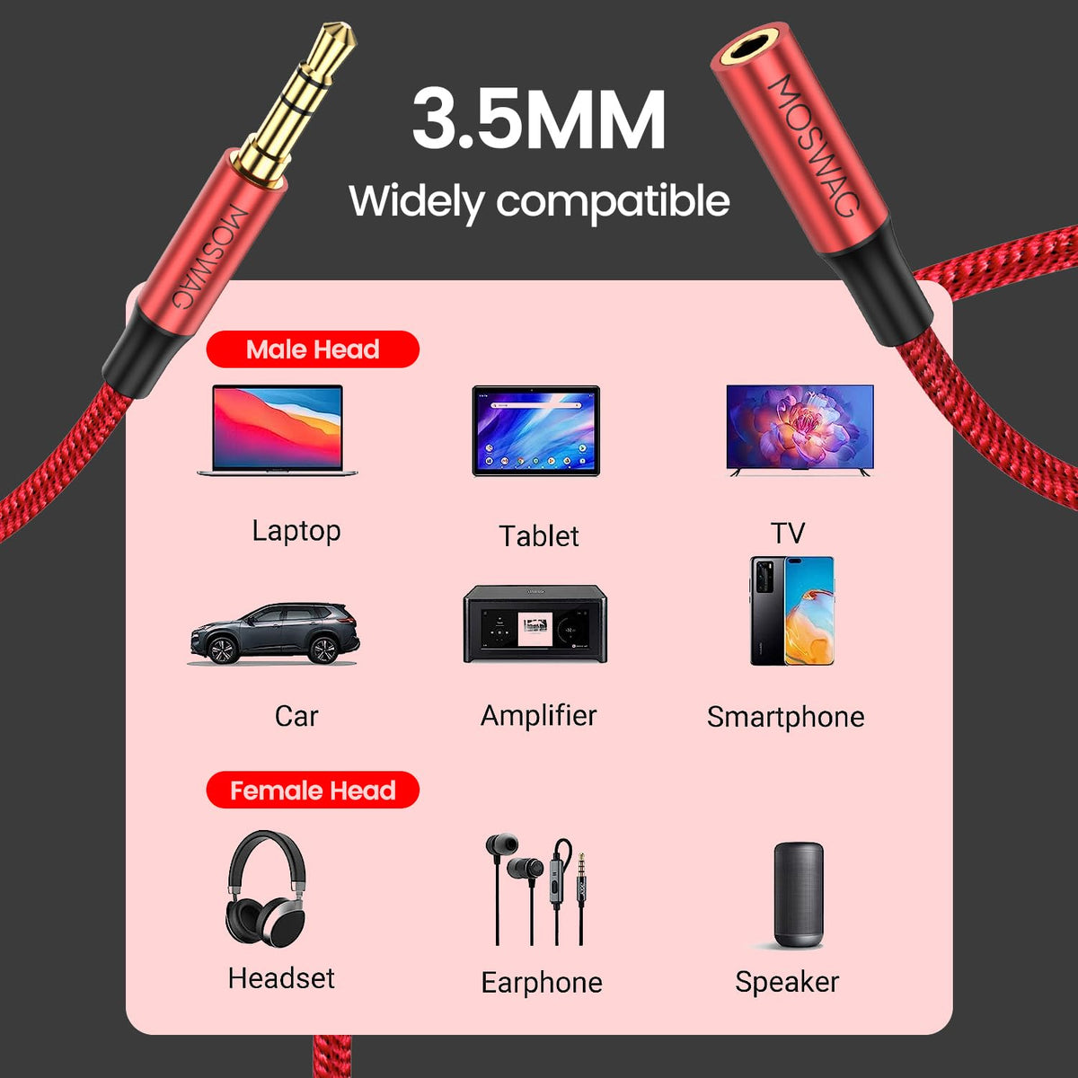 3.5mm 26.24FT/8M MOSWAG Extension Cable Audio Male to Female Stereo Extension Adapter Nylon Braided Cord Compatible