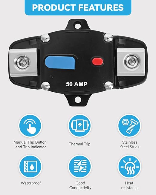 BULVACK 80 Amp Circuit Breaker 12-48 Volt DC 80A Self Recovery Resettable High Amp Circuit Breaker with Manual Reset Button for Automotive RV Marine Boat Car Audio and Amps Protection