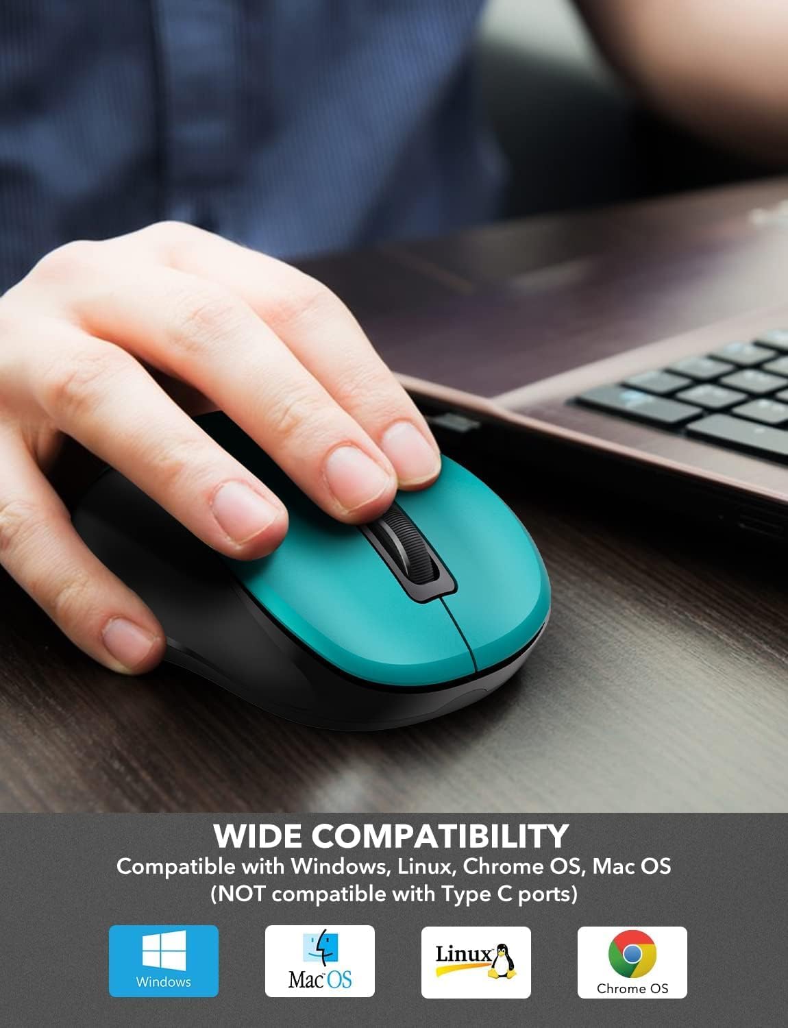 Trueque Wireless Mouse for Laptop, 2.4GHz Ergonomic Computer Mouse with Back & Forward Buttons,3 Adjustable DPI Levels, 6 Buttons, Optical USB Cordless Mice for Windows Chromebook MacBook PC (Teal)