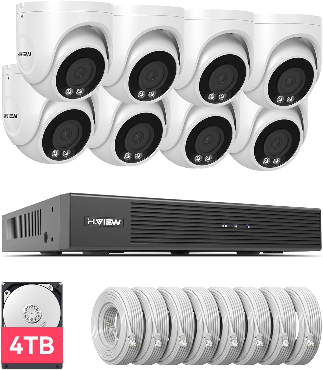 H.VIEW 8CH 4K CCTV Camera Security System, 4TB HDD, 8pcs 8MP Security Camera Outdoor, Trigger Color Night Vision, Two-Way Audio, Human Body Detection, Cameras System for Home Security