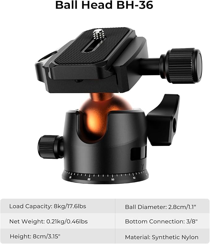 K&F CONCEPT 64 inch/163 cm Camera Tripod,Lightweight Travel Outdoor DSLR Tripods with 360 Degree Ball Head Load Capacity 17.6 lbs/8 kg,Cellphone Clip for Smartphone Live Streaming Vlog O234A1+BH-36