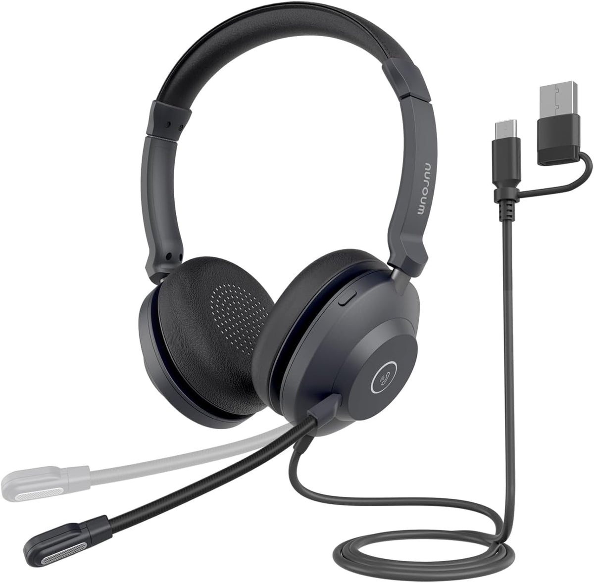 NUROUM HP21 USB Headset with Microphone for PC, AI Noise Cancelling Mic for Work, Wired Headset for Call Center/Office, Mute Button, USB-A/Type-C for Computer/Laptop/Desktop, Compatible w/Zoom/Teams