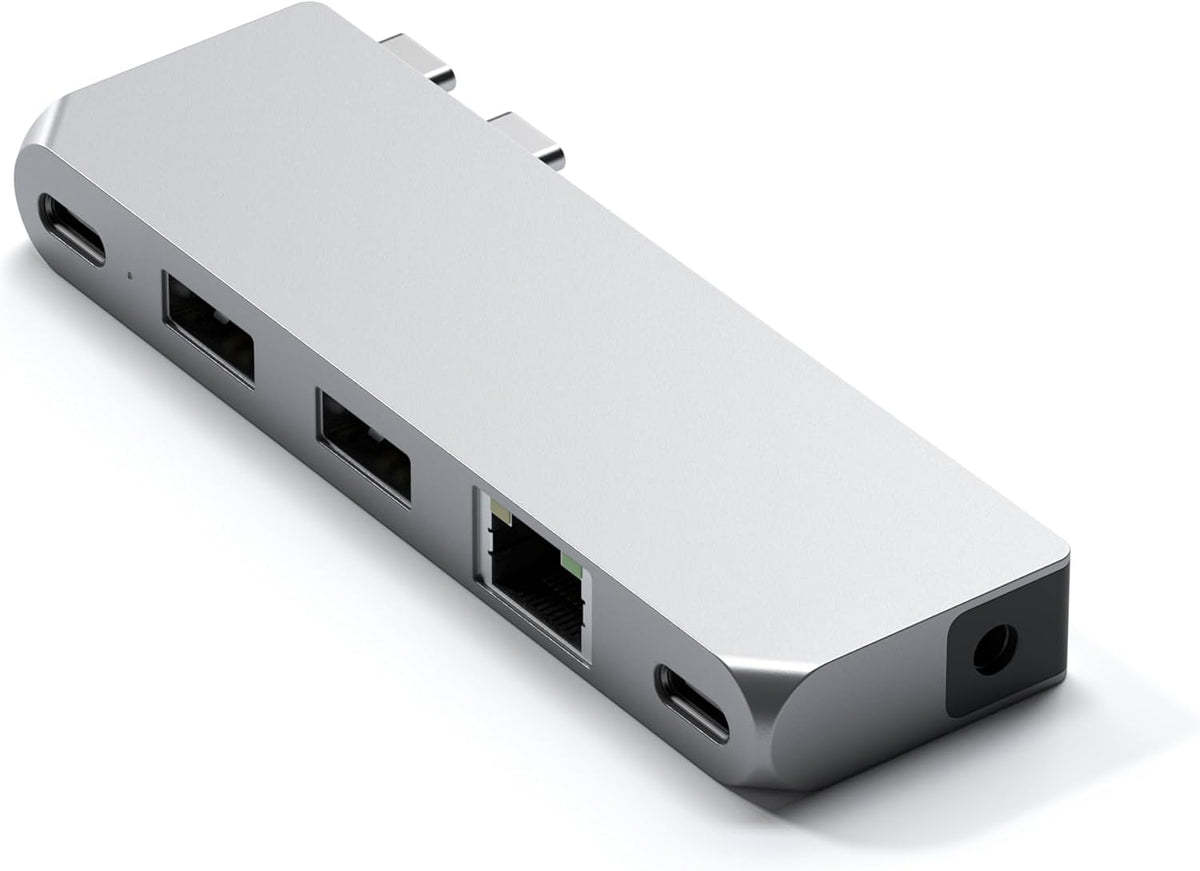 Satechi USB C Hub Multiport Adapter Pro Hub Mini, USBC Dongle with USB4 Port, USB C Data, 2 USB-A Data, Ethernet, Audio Jack, for MacBook Pro/Air M1 M2 M3 - Silver