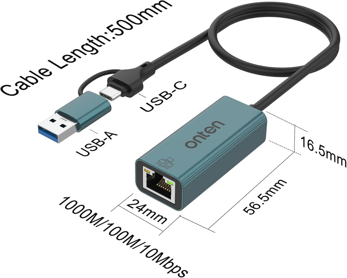 USB-A and USB-C to Ethernet Adapter,Driver Free RJ45 to USB C or USB A, Gigabit Ethernet LAN Network Adapter for Windows,Mac OS, iOS and More