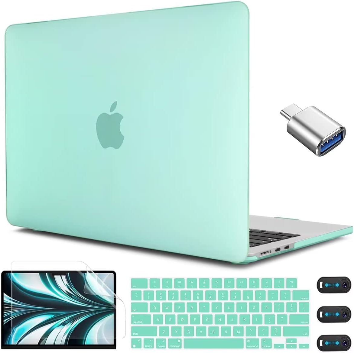 CISSOOK Compatible with MacBook Air 13.6 Inch 2025 2024 2022 Model A3240 A3113 A2681, Plastic Hard Shell Case with Keyboard Cover USB Adapter for MacBook Air 13 M4 M3 M2 Chip, Frosted Green