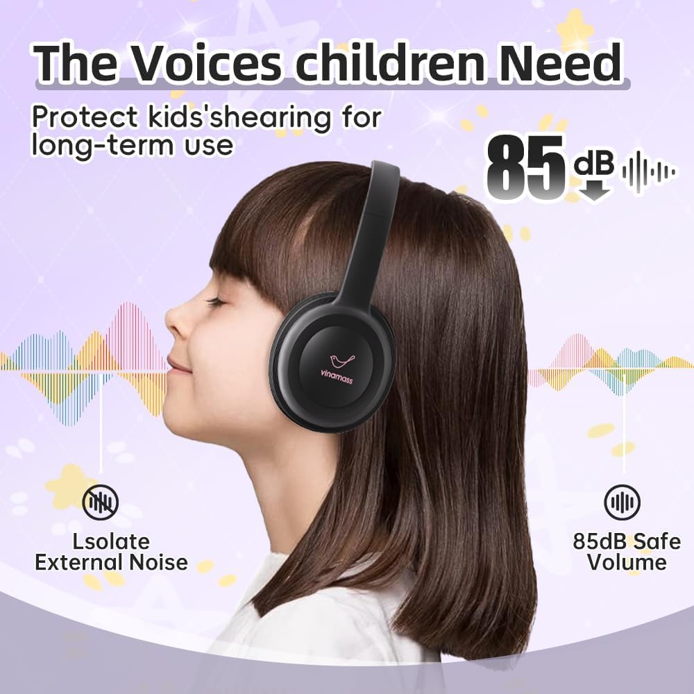 85dBVolume 30H vinamass Kids Bluetooth Headphones,Kids Wireless Headphone with Limiter, Playtime, Adjustable