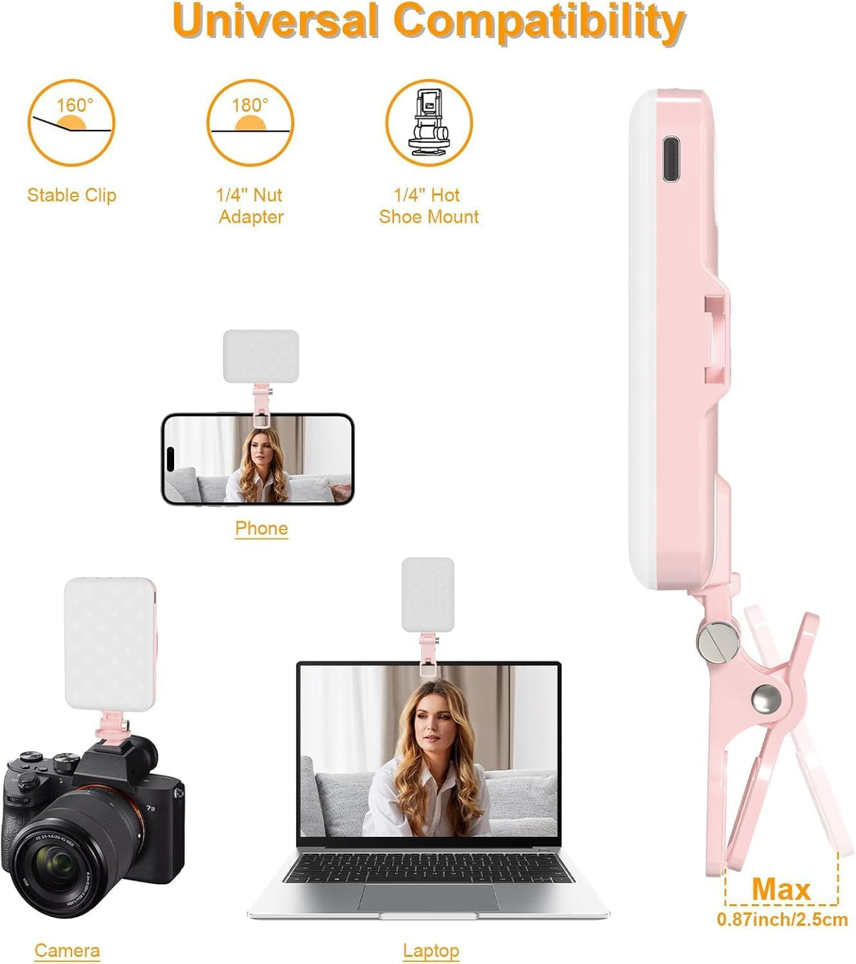 Hagibis LED Camera Light Video Lights Portable Photography Lighting 60 LED 2200mAh Rechargeable Selfie Light 7 Modes, 10-Level Brightness, Portable Clip on Light for Phone/Tablet/Laptop, Pink