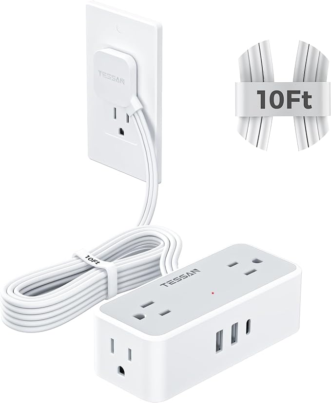 TESSAN Extension Cord 10 FT, Power Strip with 900J Surge Protection, Grey