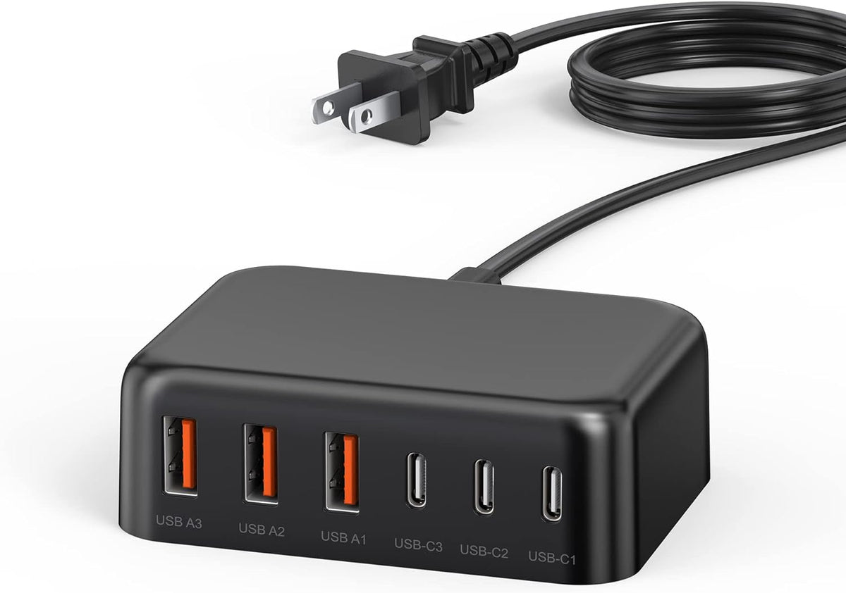 USB C Fast Charger, 100W GaN 6 Port Type USB C Charging Station Hub Block Cube, Wall Charger Power Strip Adapter Plug for iPad iPhone 16 15 14 13 12 Pro Max Pixel Note Galaxy, 5ft Cord