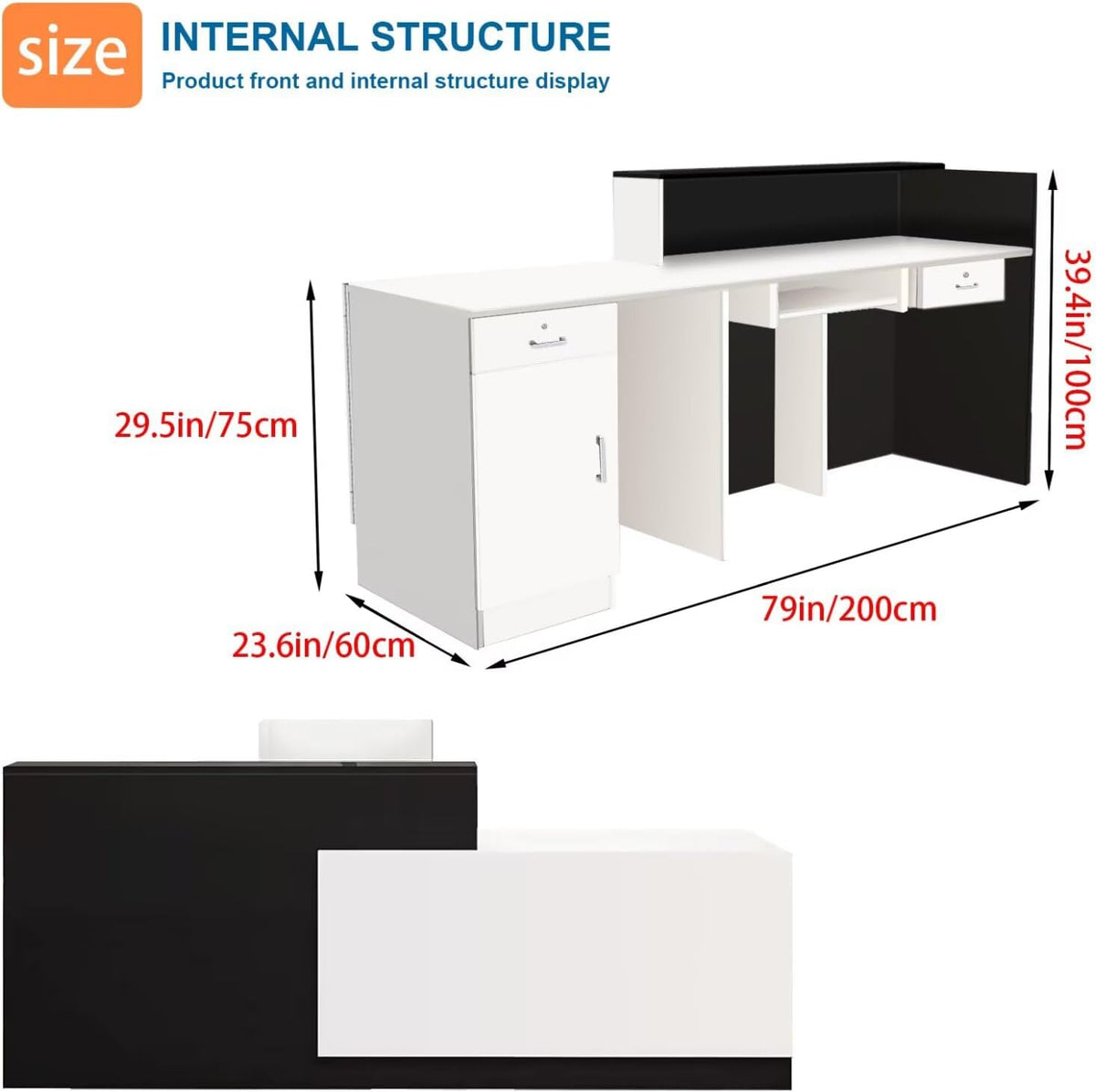 Reception Desk with Counter Modern Checkout Counter with Lockable Drawer Keyboard Tray Receptionist Desk for Office Salon Reception Table Q Left 79inch/200cm