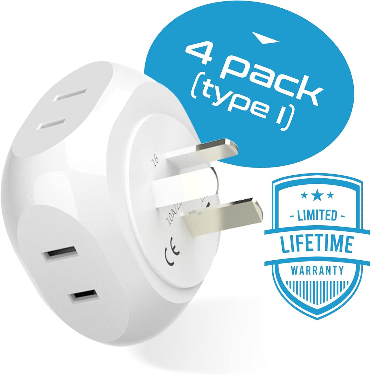 Ceptics Australia, New Zealand, China Travel Plug Adapter by - 4 Input - USA to Any Type I Countries Such as New Zealand, Argentina and More - 4 Pack (PT-16), White (PT-16-4PK)