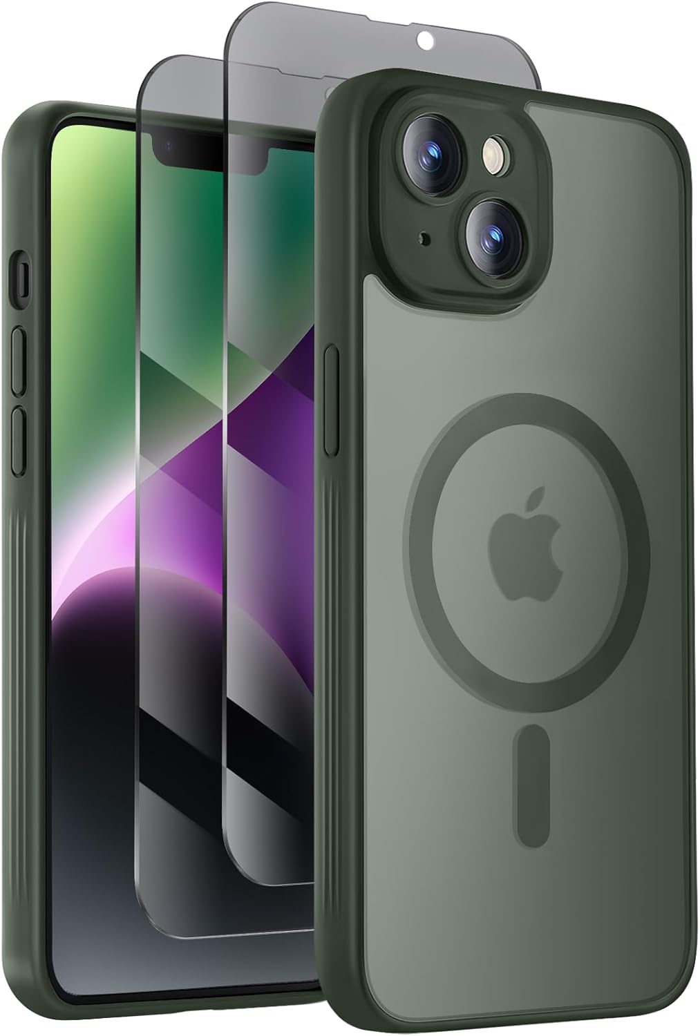 Designed for iPhone 14 Case, Compatible with MagSafe, with Privacy Screen Protectors X2, [Camera Protection] [15FT Military Drop Protection] Shockproof Phone Case, 6.1", Alpine Green