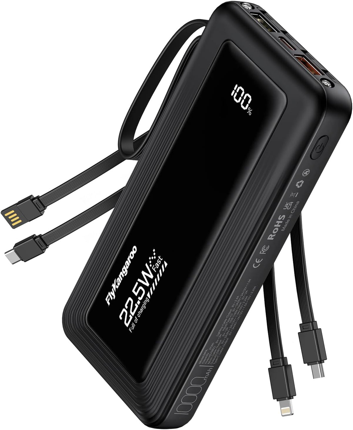 Portable Charger with Built in Cables, Slim 10000mAh Fast Charging 22.5W Power Bank USB C LED Display Battery Pack 6 Outputs & 2 Inputs for iPhone Samsung Pixel LG Moto iPad