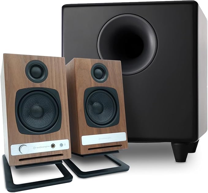 Audioengine A2 HD Walnut Computer Speakers with S8 White Subwoofer and DS1M Stands