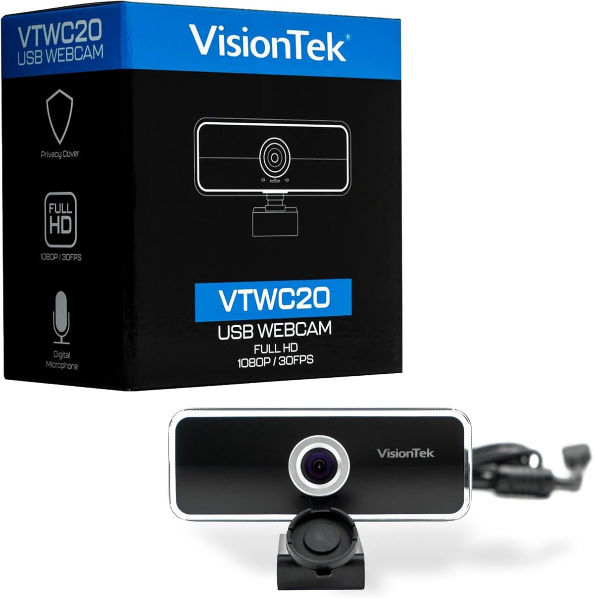 VisionTek VTWC20 Full HD (1080P 30FPS) Webcam, for Windows, Mac, Linux, & Chromebook w/Digital Microphone, Auto Focus, Privacy Cover, & Wide Viewing Angle
