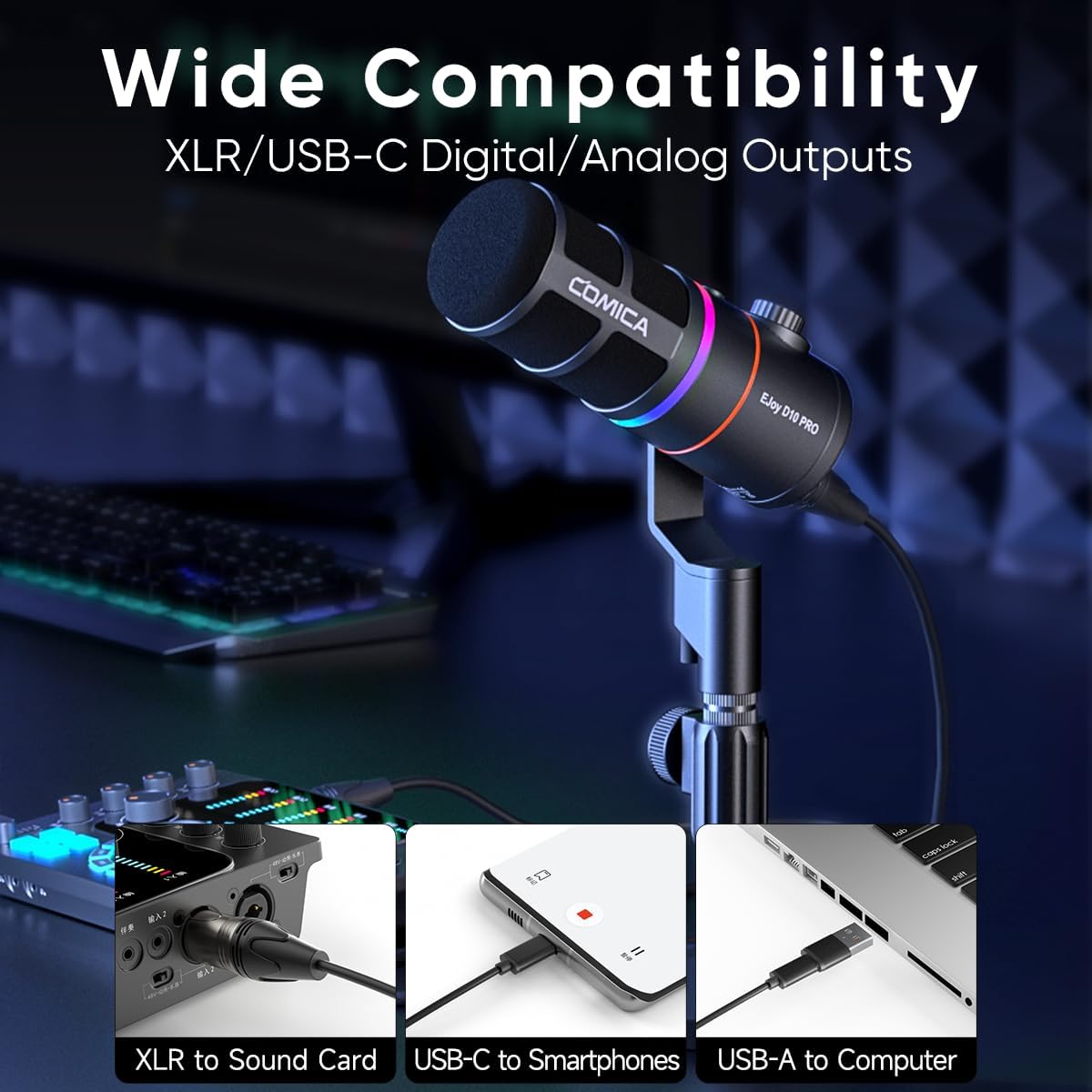 EJoy D10 PRO(D) Wireless USB Gaming Microphone – RGB Dynamic Mic with Wired/Wireless Modes, XLR/USB-C, Real-Time Monitoring, 45H Battery, Studio Mic for Gaming, Streaming, Podcast, Recording (Black)